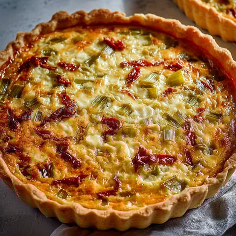 Une belle quiche aux poireaux, fromage fondu et tomates séchées posée sur une table.