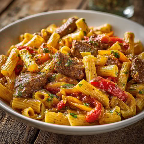 Pâtes bœuf sautés avec poivrons sur une belle table en bois.