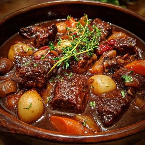 Un plat généreux de Civet de Sanglier à la Bourguignonne, entouré de légumes et d’herbes fraîches.