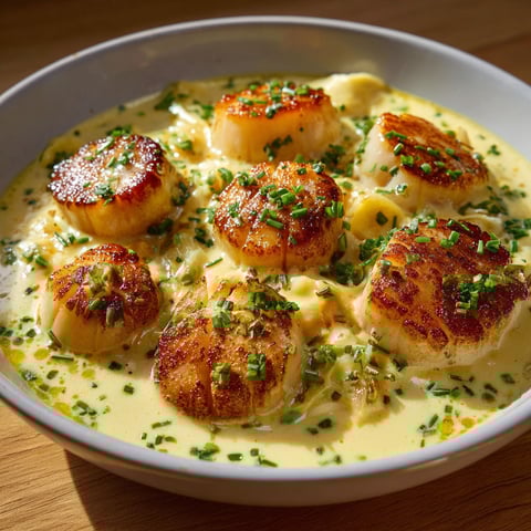 Assiette de Saint-Jacques nappées d’une sauce normande bien crémeuse, avec plein d’herbes fraîches dessus.