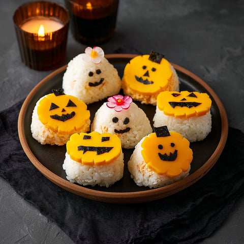 Onigiris citrouilles moelleux au thon avec mimolette, idée rigolote et colorée pour Halloween.