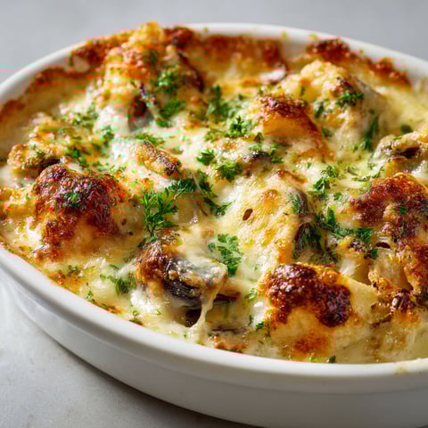 Un bol blanc rempli d'une cassolette gratinée aux moules et poisson blanc.