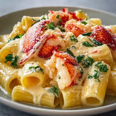 Rigatoni avec homard dans une sauce parmesan crémeuse.