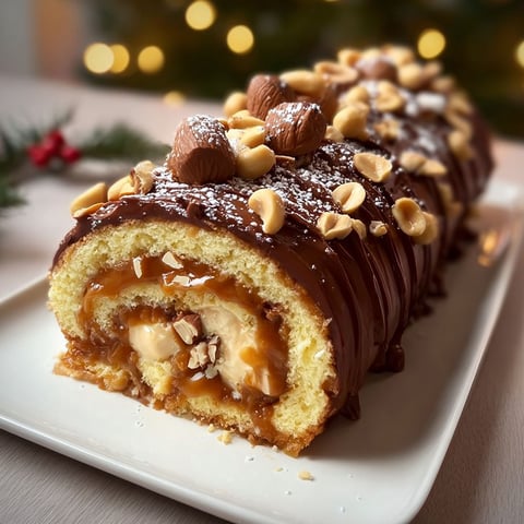 Bûche festive pleine de cacahuètes, caramel et vanille, prête à goûter.