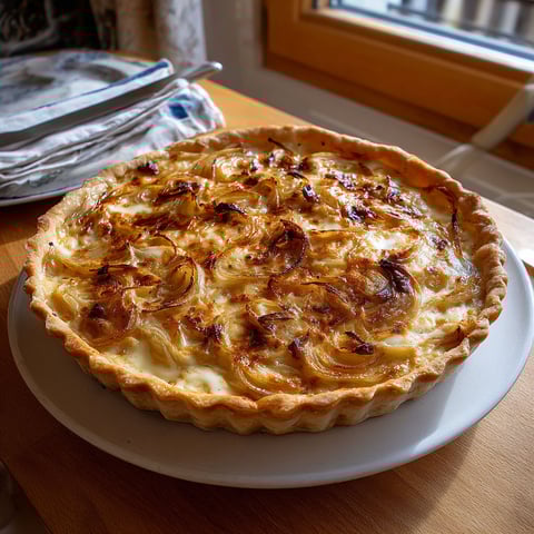 Une belle tarte oignon reblochon trône sur un plateau, prête à être dégustée.