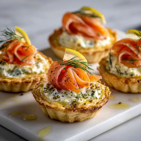 Mini bouchées apéro au saumon fumé et fromage frais posées sur un plateau marbré.