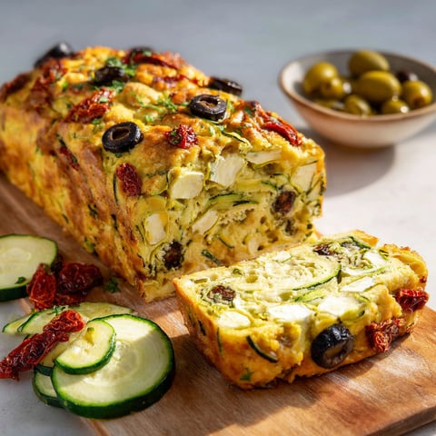 Un cake tout fin aux courgettes posé sur un plat avec quelques olives autour.