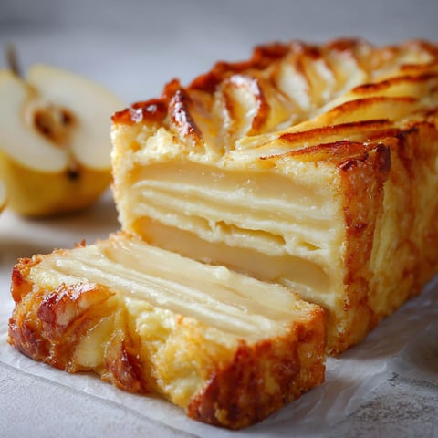Une belle part moelleuse de gâteau invisible poires et vanille, posée sur une assiette à côté d’une poire entière.