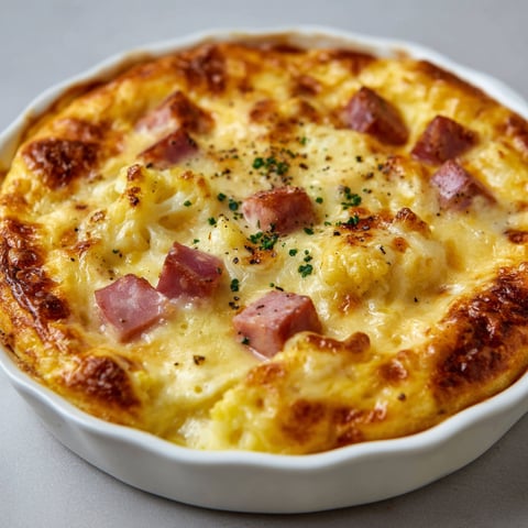 Clafoutis avec chou-fleur et jambon léger, servi dans un bol blanc.