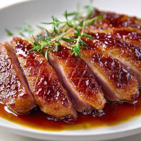 Magret de canard grillé nappé d’une sauce au miel et vinaigre balsamique.