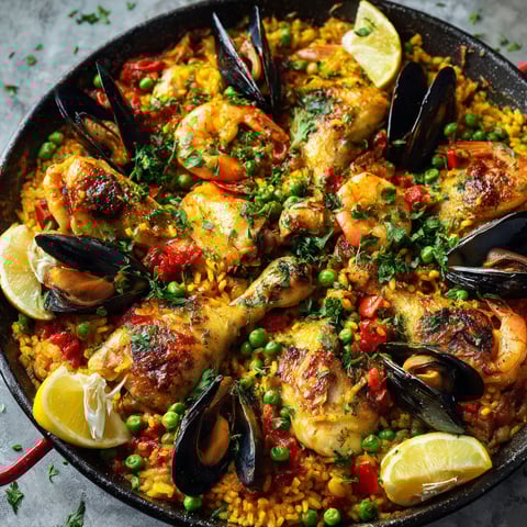 Plat de paella avec poulet, légumes et crevettes. On y voit tomates, poivrons, pommes de terre, oignons, et épinards autour.