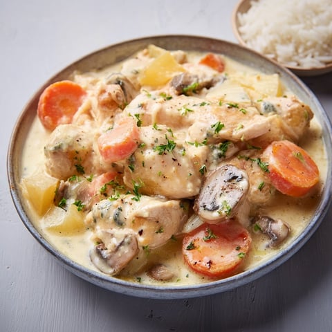 Une belle assiette de poulet au bleu d'Auvergne posée sur la table.