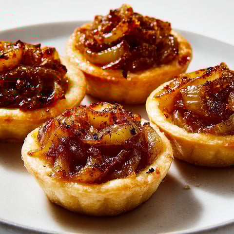 Quatre mini tartelettes avec oignons caramélisés et miel posées sur un plateau.