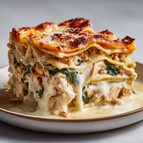 Lasagne ultra réconfortante au poulet, parsemée de légumes verts, d’oignons, d’herbes fraîches et de morceaux de tomates.