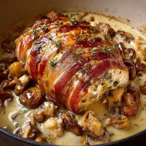 Rôti de dinde en cocotte, herbes fraîches et champignons bien dorés dans la marmite.