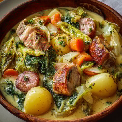 Dans un bol rustique, on sert une potée lorraine bien dorée.