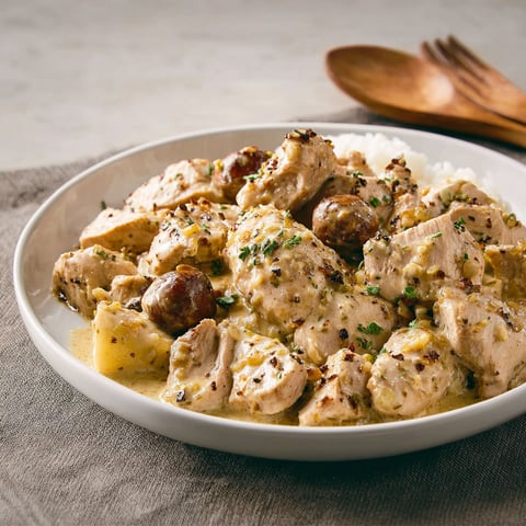 Dans l’assiette, un joli mélange de dinde grillée, châtaignes et sauce moutarde toute crémeuse.