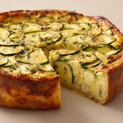 Un morceau de flan aux courgettes posé sur la table.