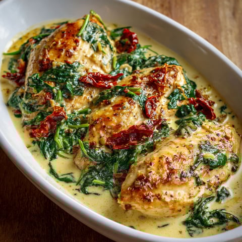 Poulet aux épinards et tomates séchées dans une assiette appétissante.