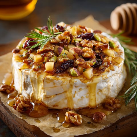 Brie tout chaud sorti du four avec pommes, érable, noix et herbes sur le dessus.