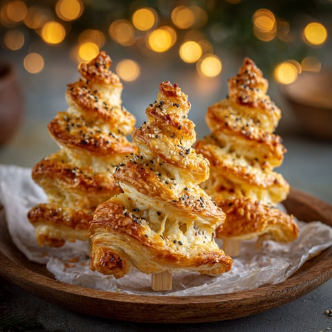 Sur un plateau, quelques mini sapins feuilletés au fromage bien gourmands.