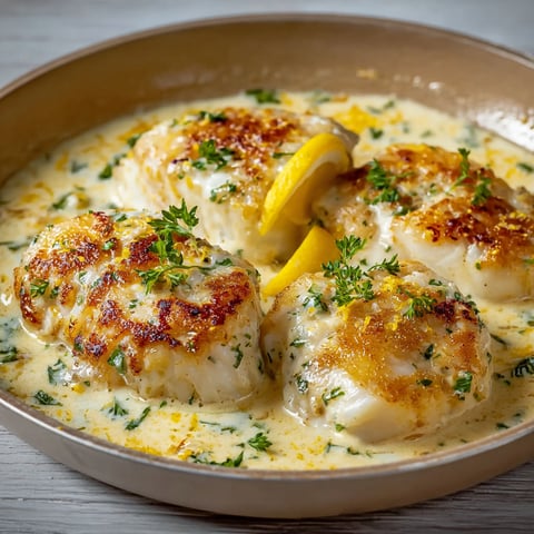 Plat tout simple de dos de cabillaud nappé de crème au parmesan et citron râpé.