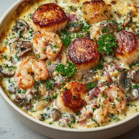 Un bol rempli de moules, crevettes et champignons bien crémeux pour fêter Noël.