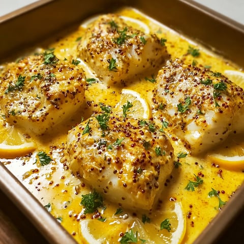 Cabillaud tout doré sur sa sauce crémeuse citron moutarde.