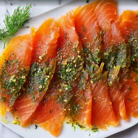 Délicieux saumon Gravlax maison avec aneth, citron frais et herbes, présenté avec une sauce gourmande.