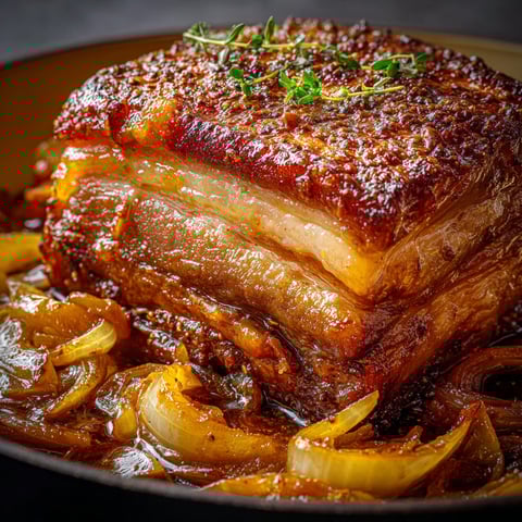 Grosse part de cochon confit nappée de sauce à la bière et érable.