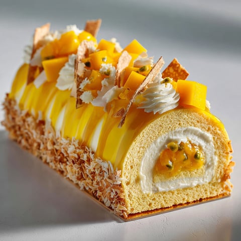Une jolie bûche à la mangue sucrée, avec des fruits frais et de la noix de coco, présentée sur une table blanche.
