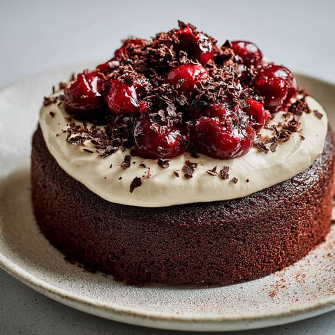 Un délicieux gâteau forêt-noire revisité posé sur un joli plateau.
