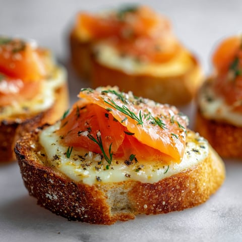 Pain à l’ail gratiné avec saumon fumé et mozzarella, relevé de fines herbes fraîches.
