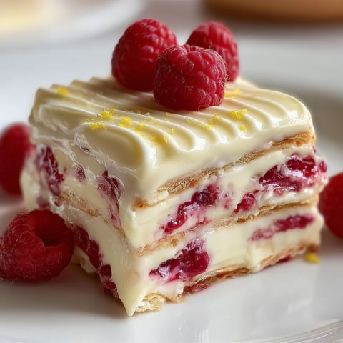 Une part de lasagne ultra gourmande chocolat blanc framboises, décorée de fruits.
