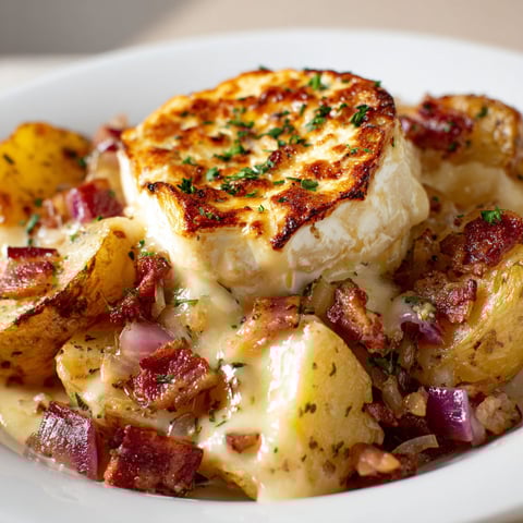 Tartiflette au bacon et pommes de terre, bien gratinée dans un bol.