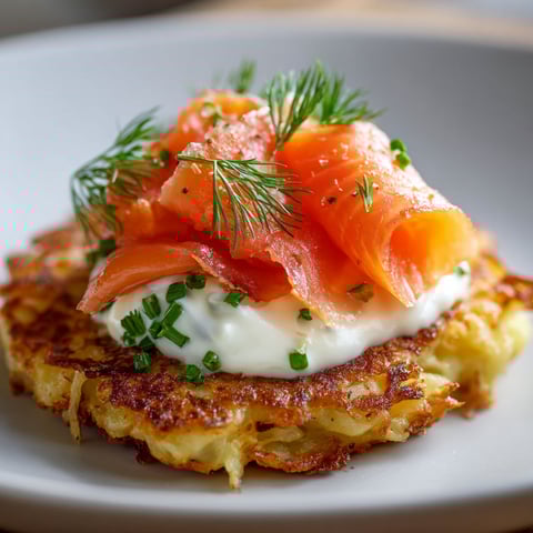 Assiette de pancakes à la pomme de terre accompagnés de saumon fumé et d’herbes fraîches.