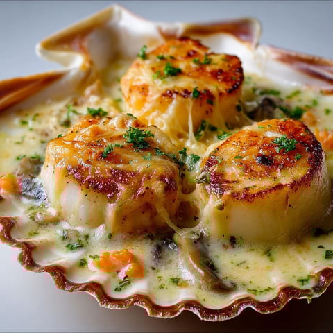 Des Coquilles Saint-Jacques gratinées, fondantes au fromage et champignons pour se régaler.