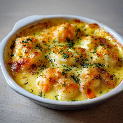Une belle assiette de gratin de langoustines à la crème au safran posée sur la table.