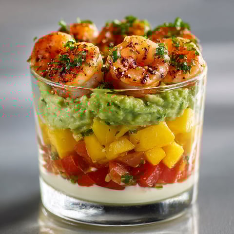Dans un joli verre, on voit des crevettes juste dorées, de la mangue et du guacamole au citron.