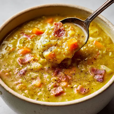 Une grande cuillère en argent attrape une portion généreuse de soupe de pois cassés bien rustique.