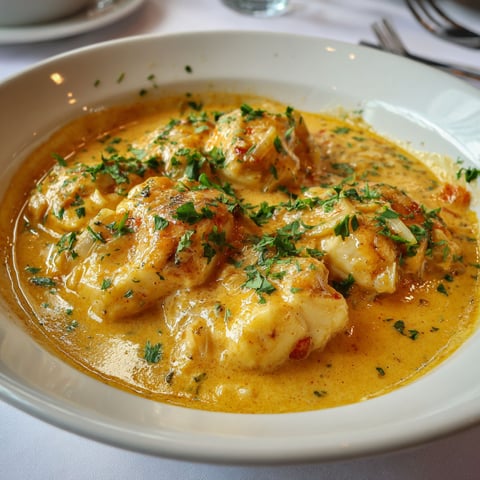 Un plat servi de blanquette cabillaud avec une bisque aux accents de homard.