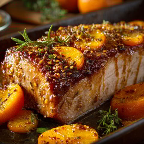 Un joli rôti de porc bien doré, posé avec des clémentines rôties et un peu d’herbes.