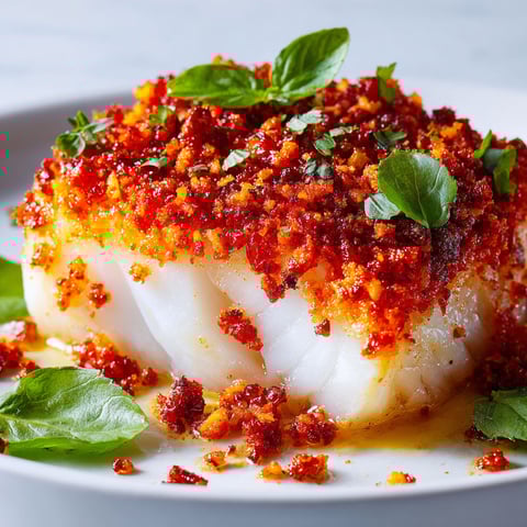 Des morceaux de cabillaud dorés en croûte de chorizo, posés sur un plat convivial.