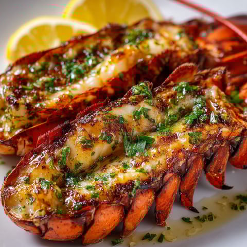 Une grande poêle pleine de homard grillé, décoré de citrons coupés et d’herbes fraîches par-dessus.