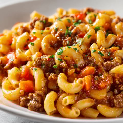 Assiette de macaroni garnie de viande, carottes et herbes, posée sur une planche.