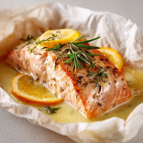 Filet de saumon tendre et parfumé aux agrumes en papillote.