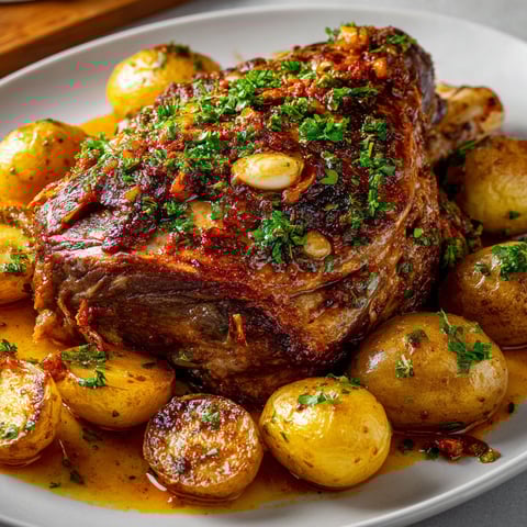 Tranche de gigot d'agneau relevée à la harissa avec pommes de terre dorées et herbes sur une belle assiette blanche.