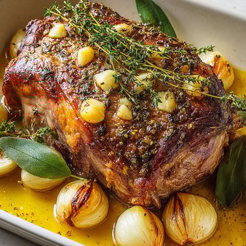 Un gigot d'agneau rempli d’ail, posé dans un grand plat en verre.