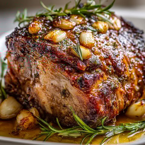 Gigot d’agneau bien doré avec des herbes fraîches, accompagné de morceaux d’ail et d’ailes de poulet.