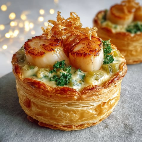 On voit un vol-au-vent de Saint-Jacques sur la table, entouré de quelques poireaux et nappé de sauce citronnée.